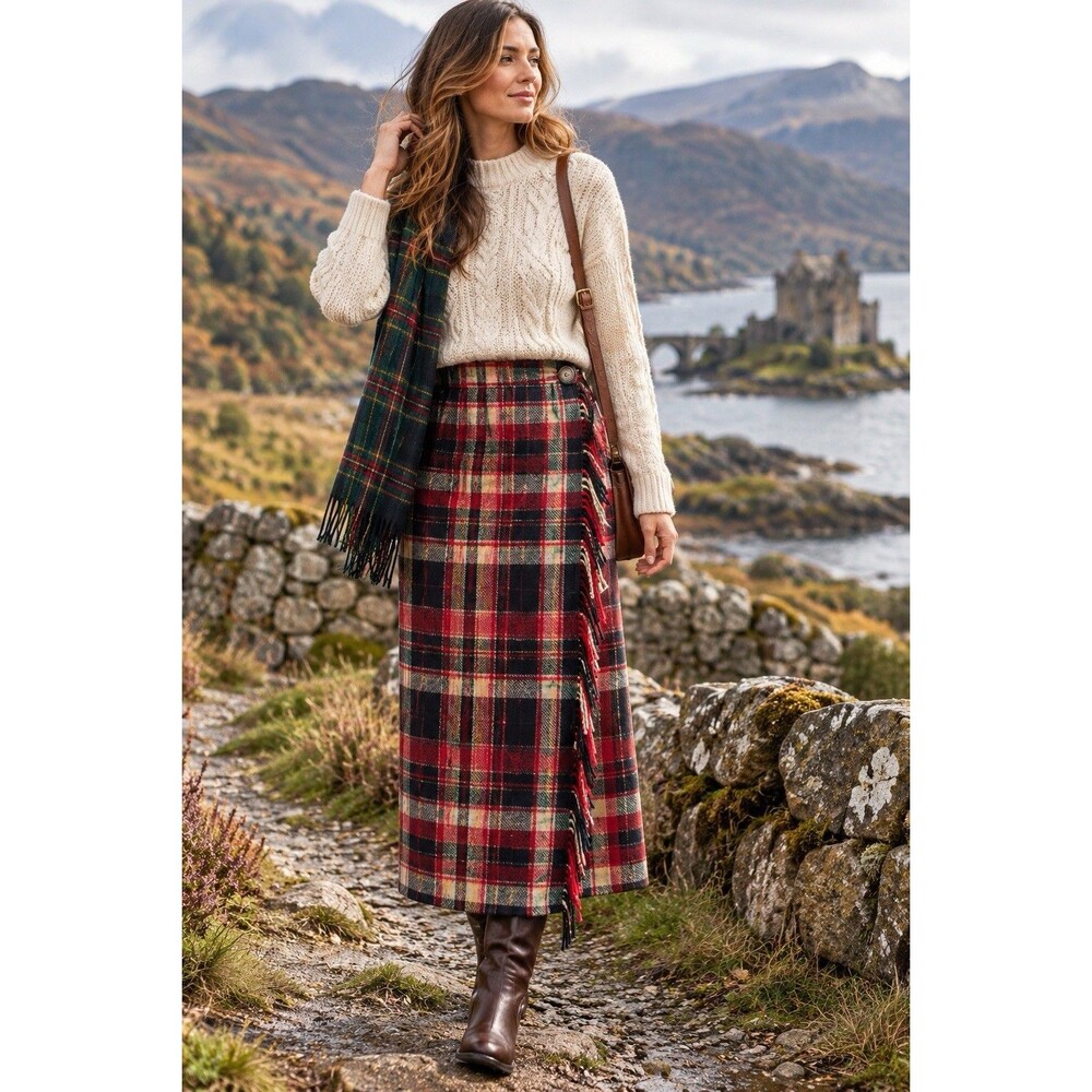 Vintage Eddie Bauer Wool Wrap Maxi Skirt Size 8 Plaid Tartan Fringe USA Made